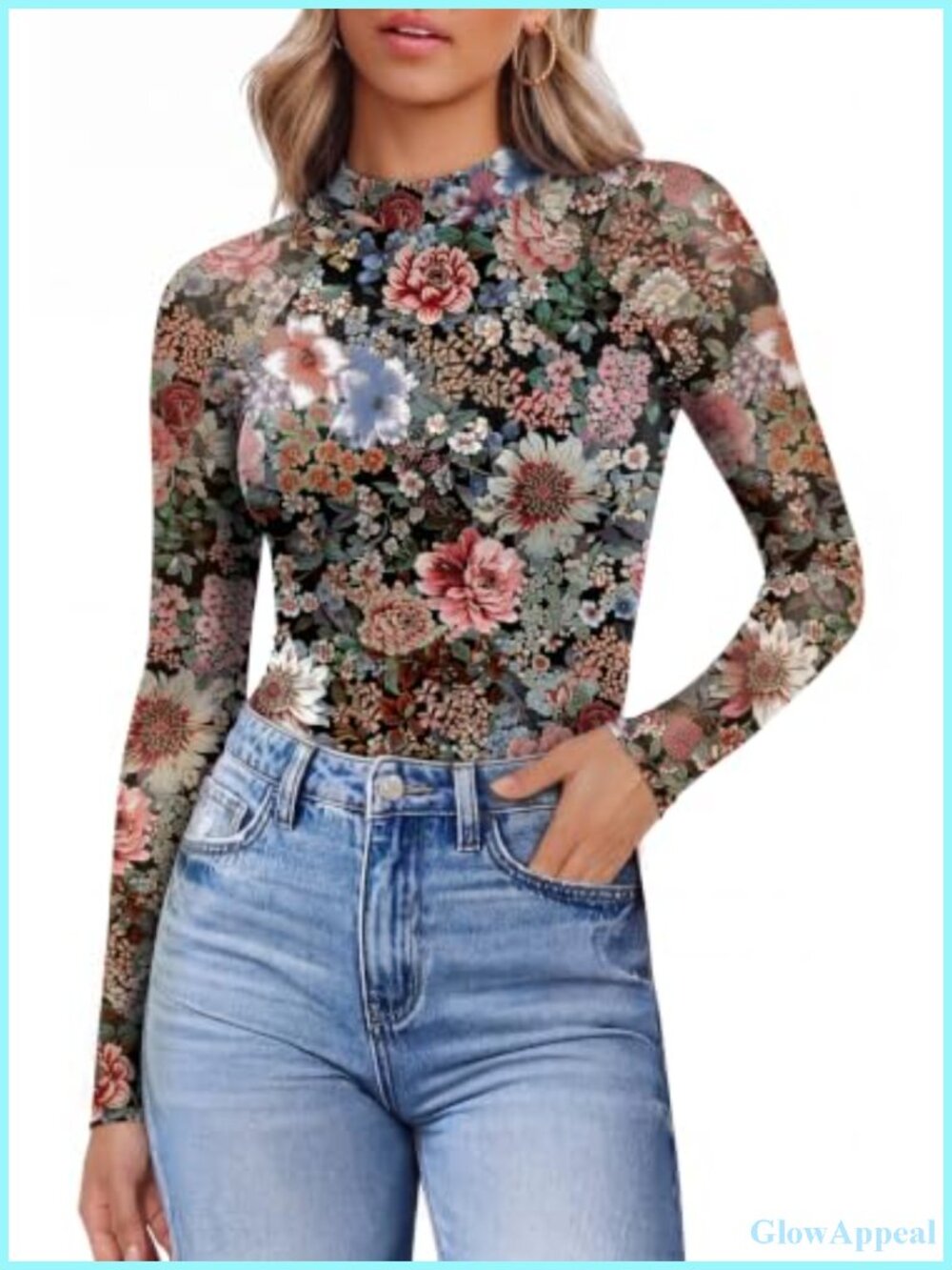 Ekouaer Women's Sheer Mesh Lace Blouse Mock Neck Long Sleeve Top